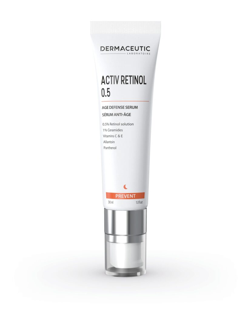 Förpackning av Dermaceutic Activ Retinol 0.5, ett ålderförebyggande serum i en vit tub med en pumpflaska. Produkten är designad för att minska rynkor, förbättra hudtextur och återställa hudens lyster med hjälp av retinol och antioxidanter.