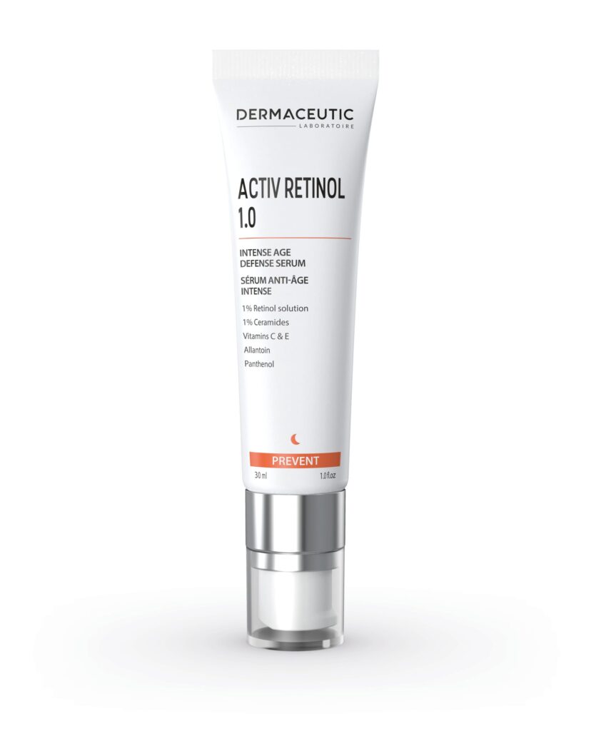 Dermaceutic Activ Retinol 1.0% 30 ml, åldersmotverkande serum i en vit tub med silverlock, designad för att reducera rynkor, fina linjer och ge en jämnare hudton.