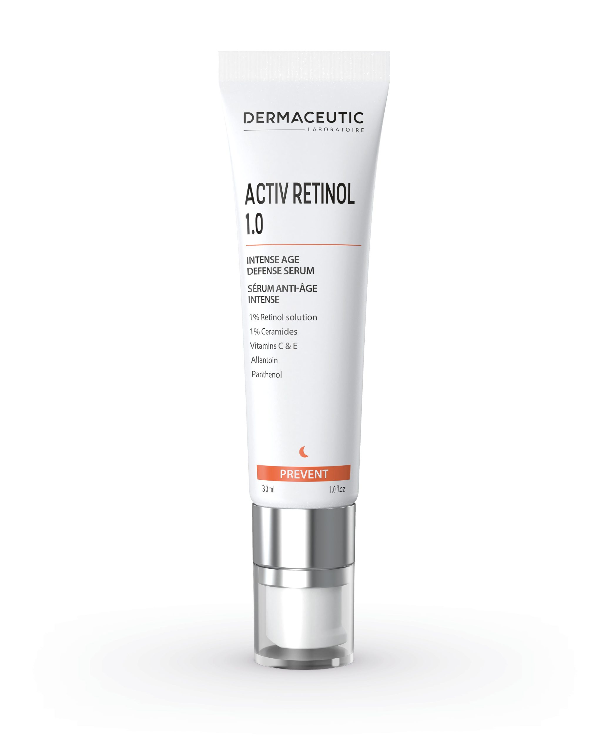 Dermaceutic Activ Retinol 1.0% 30 ml, åldersmotverkande serum i en vit tub med silverlock, designad för att reducera rynkor, fina linjer och ge en jämnare hudton.